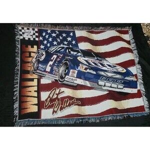 Vintage 90s NASCAR Rusty Wallace Throw Blanket Fringed American Flag Miller Lite